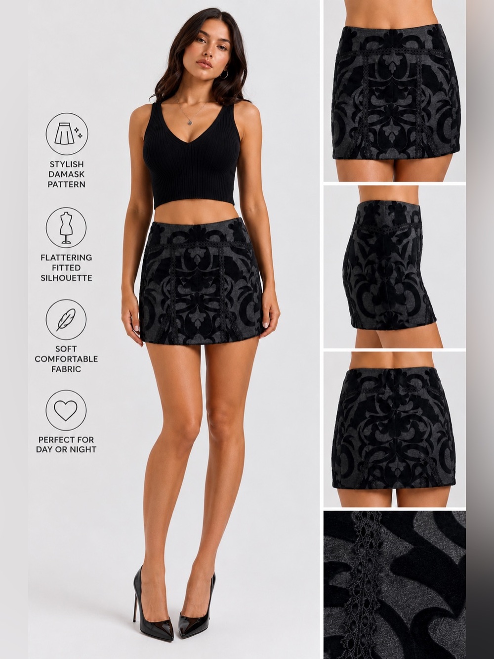 Free People Black Velvet Damask Stretch Mini Skirt size M